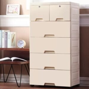 plastic storage drawer cabinet in bedroom