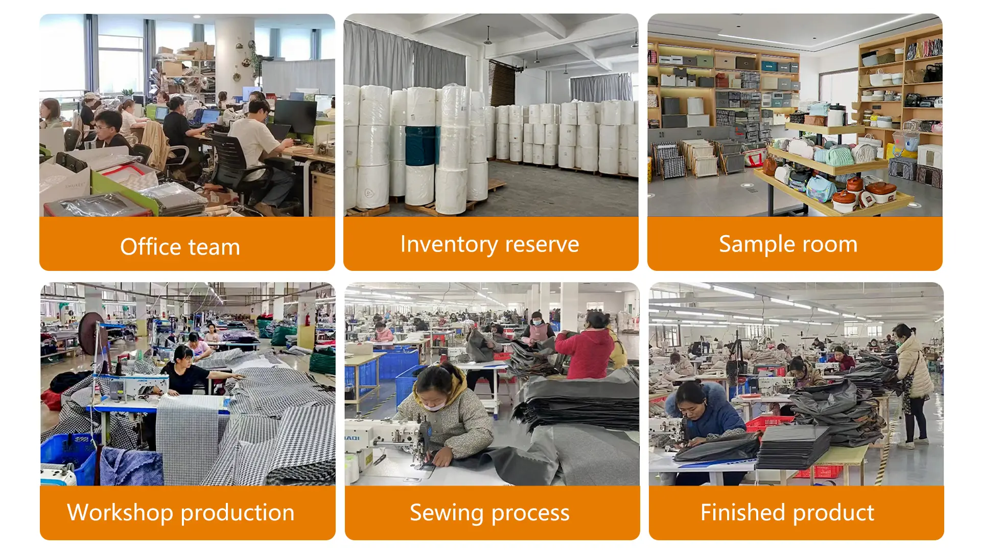 Company overview showing office team, inventory storage, sample room, workshop production, sewing process, and finished products