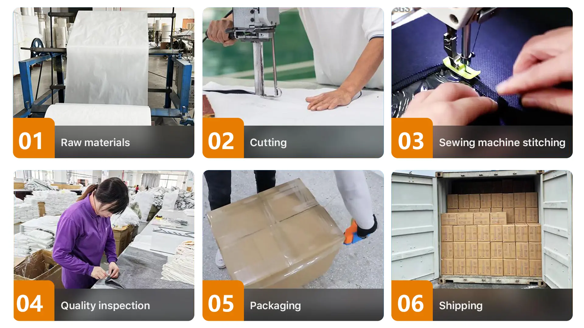 Production process from raw materials, cutting, sewing, quality inspection, packaging to shipping