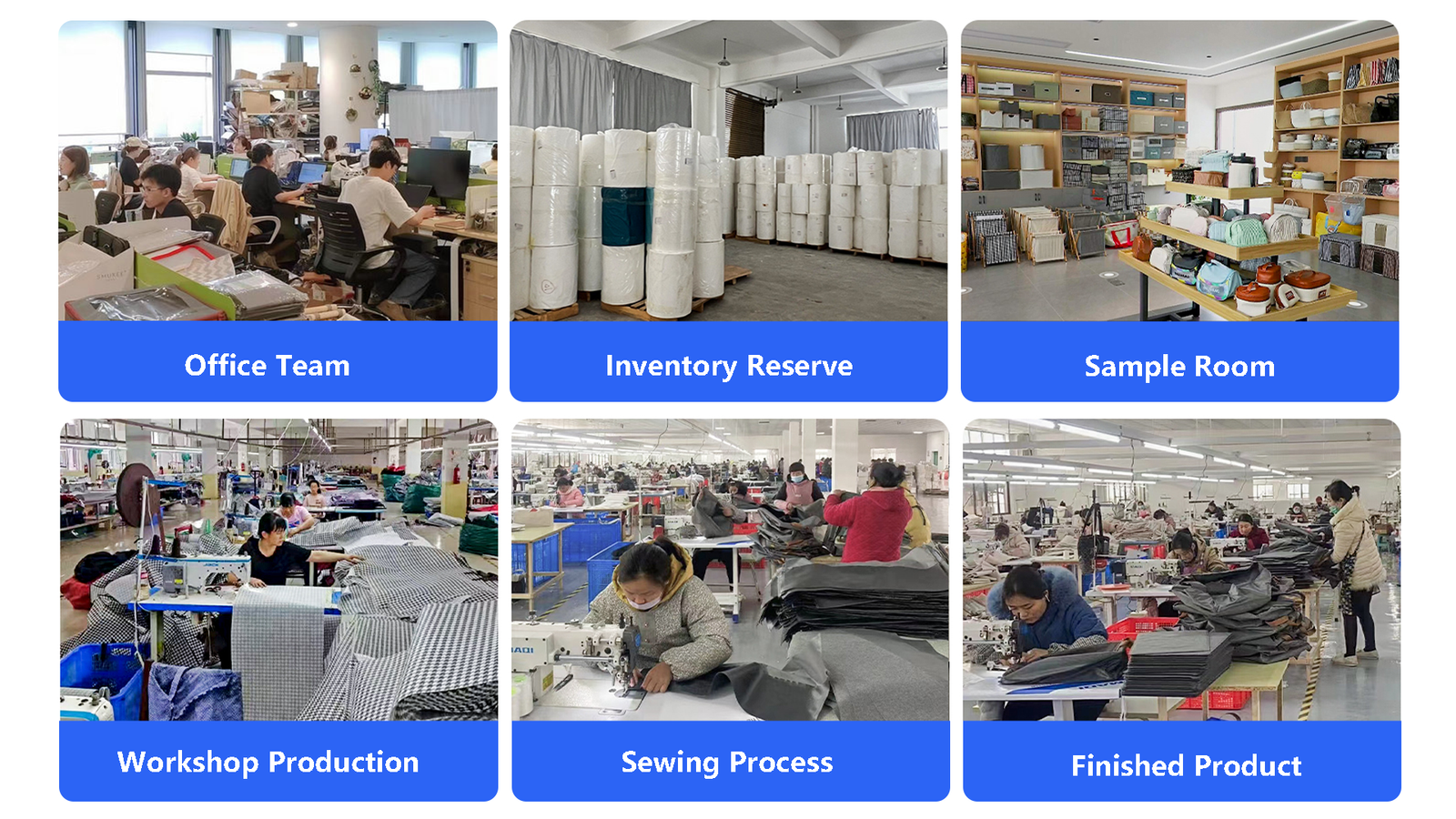 Panoramic view of Great Shine’s laundry bag manufacturing base, including office team, raw material inventory, and custom sample showroom.