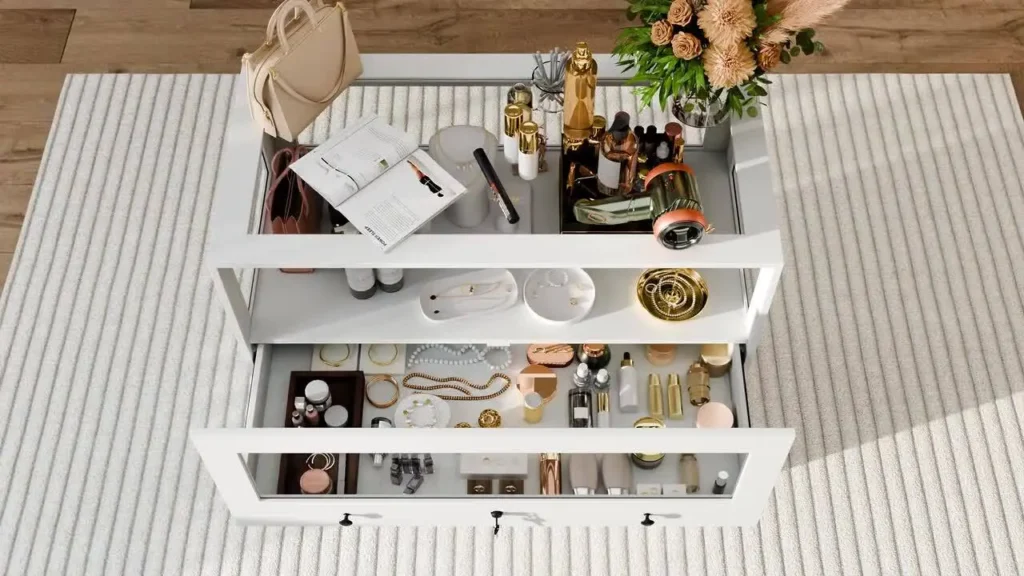 Coordinated jewelry station with trays, ring holders, and necklace stand.