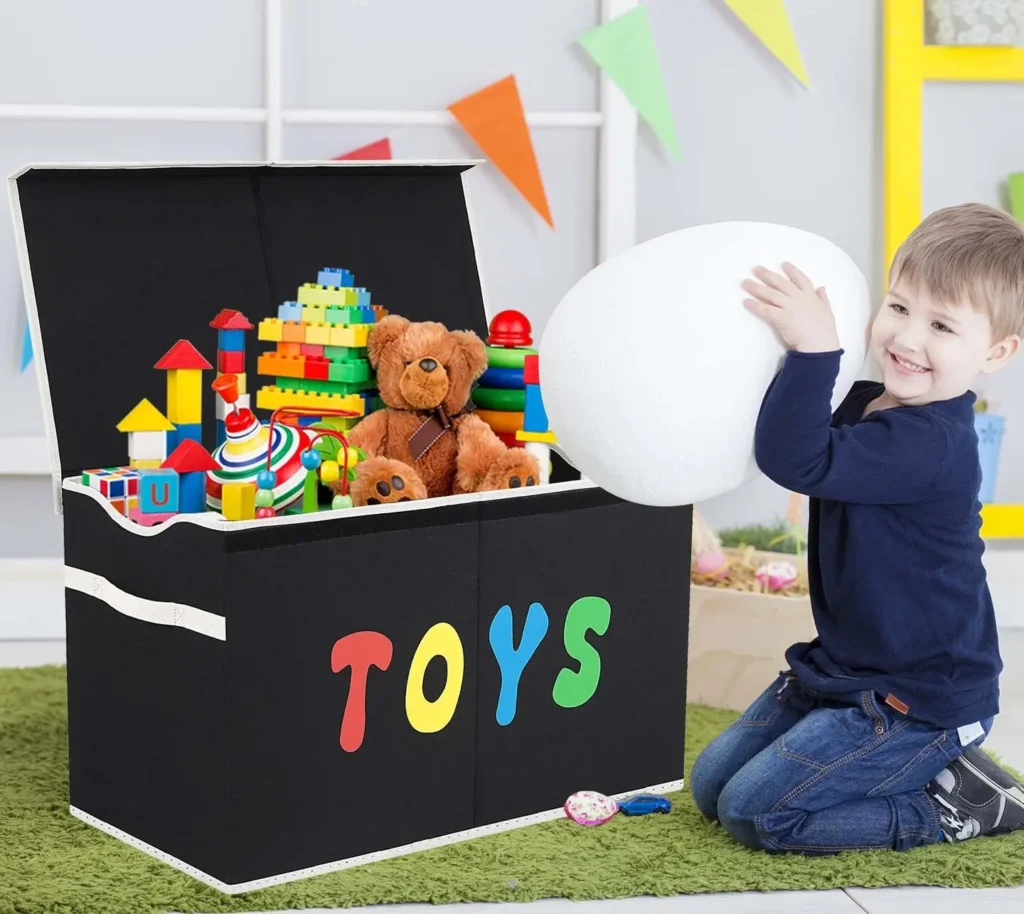Organized kids room with labeled storage boxes for toys (1)