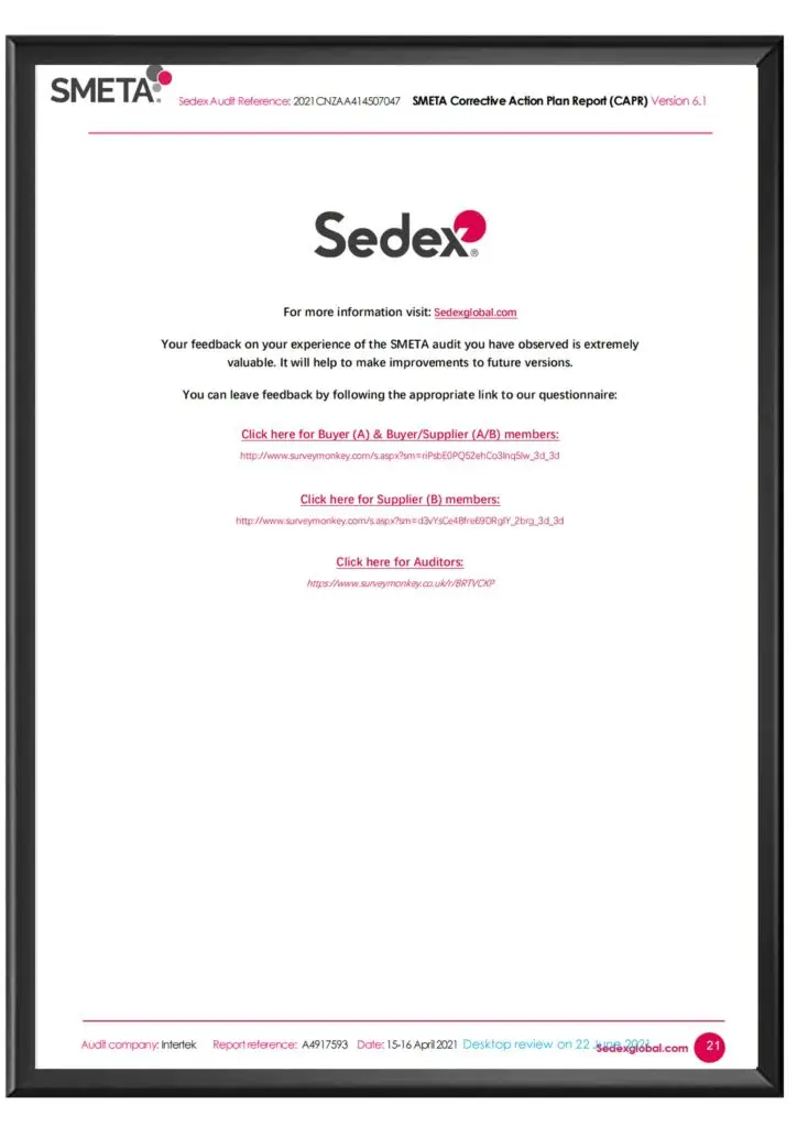 Sedex audit certificate for ethical manufacturing compliance