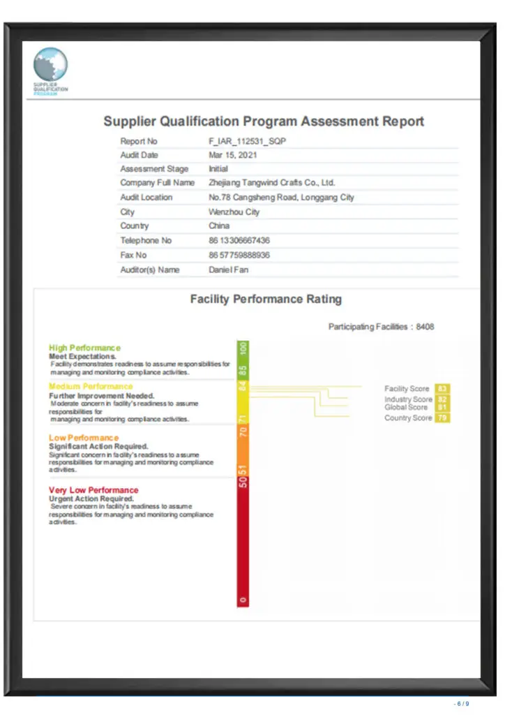 SQP certificate for supplier qualification and quality standards