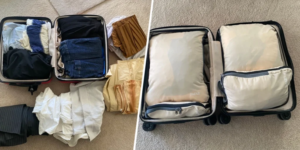 Suitcase packed with separate packing cubes for clean and dirty laundry.
