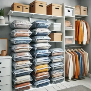 Vacuum-sealed bags storing winter clothes in a small apartment