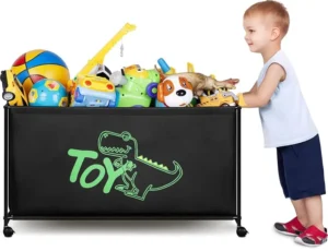 Wheeled toy storage box being moved from living room to bedroom (1)