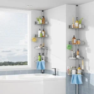 Adjustable tension pole shower corner rack with bathroom products