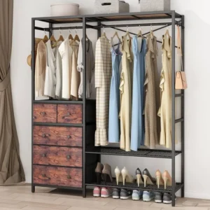Bedroom rack storage with metal garment rack and shoes underneath