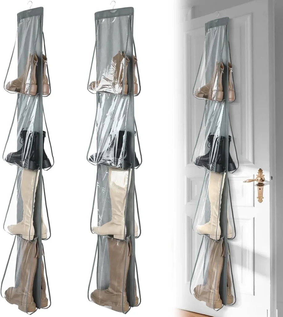 Boots stored in hanging organizer bag on closet