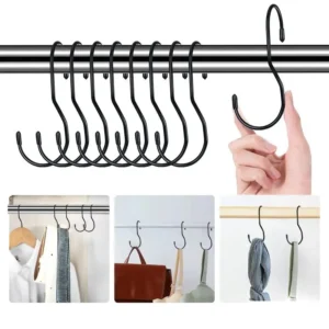 Closet tension rod with S-hooks used to hang handbags upright.