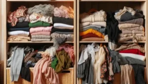 Common storage mistake showing wrinkled and overstuffed hanging clothes in a small unit