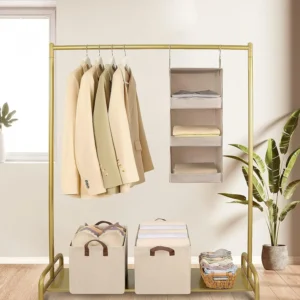 Compact bedroom rack storage in small room with layered shelf and baskets