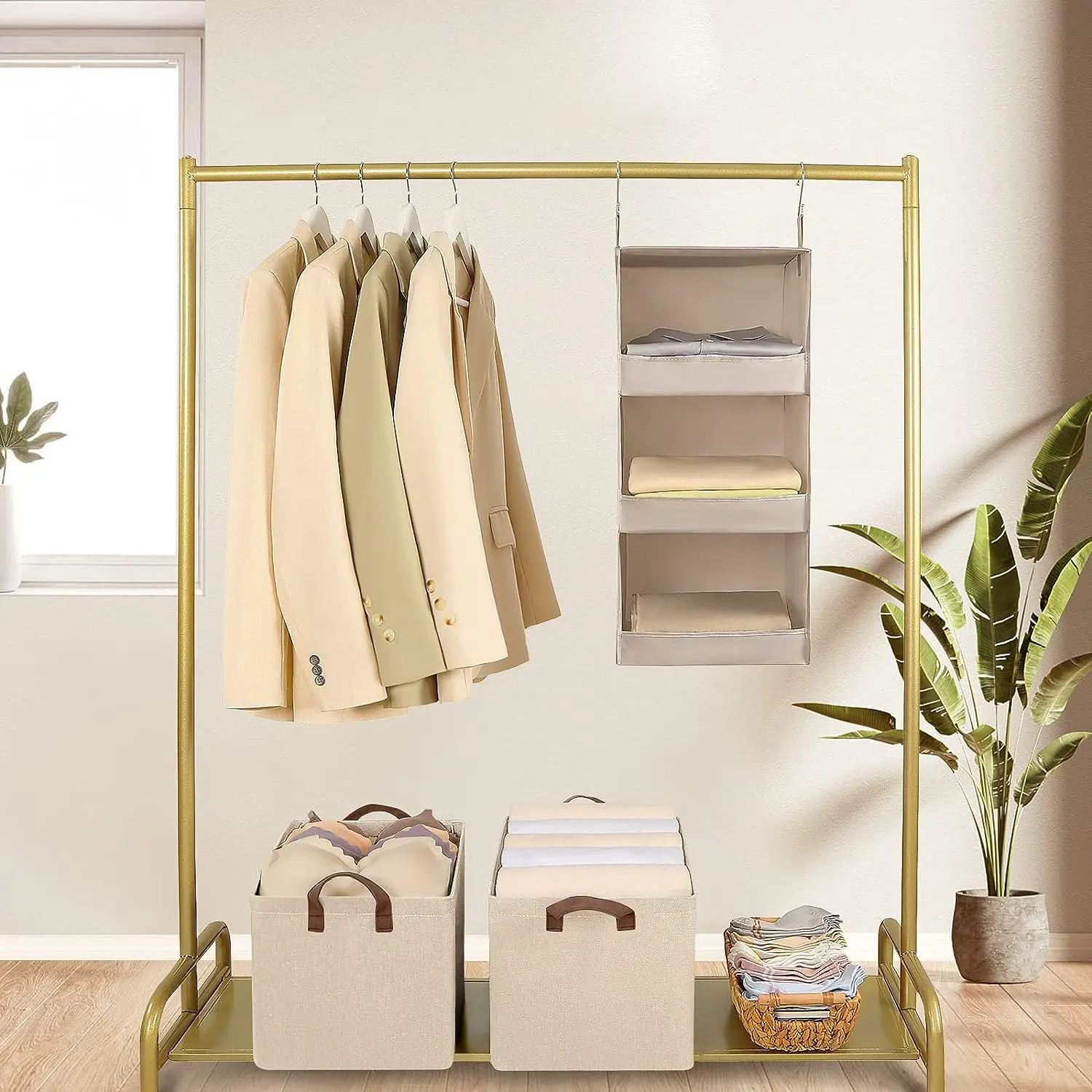 Compact bedroom rack storage in small room with layered shelf and baskets