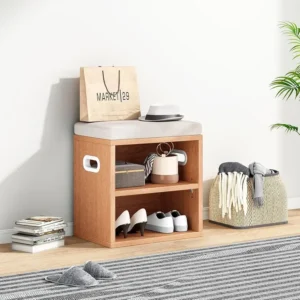 Compact shoe bench with open cubbies near a tiny home door