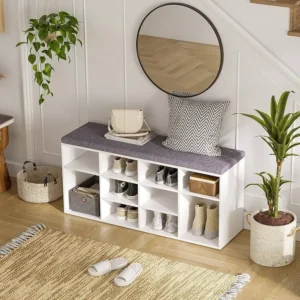 Cube cubby shoe bench with bins labeled for each family member