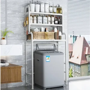 Expandable laundry shelf mounted above washer for vertical storage in a small laundry room