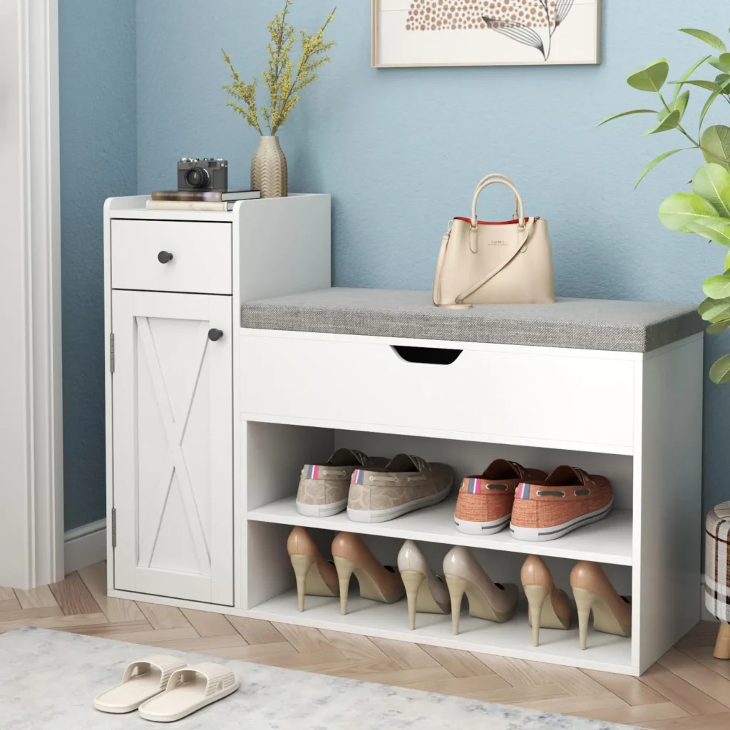 Fabric shoe bench with lift-top lid storing seasonal boots