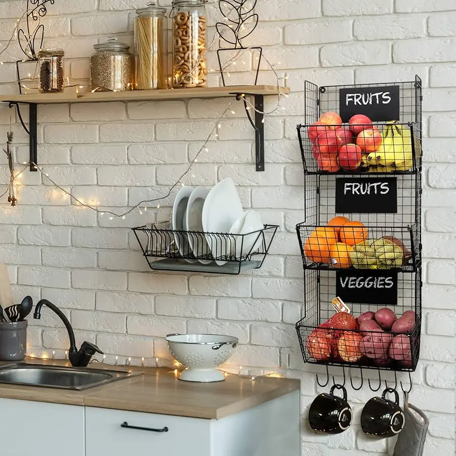 Hanging produce baskets storing apples, onions, and potatoes in farmhouse kitchen