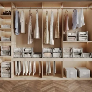 Labeled fabric bins holding folded T-shirts by category on a closet shelf