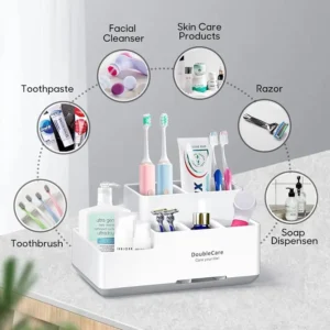 Minimalist bathroom countertop storage setup with toothbrush holder and drawers