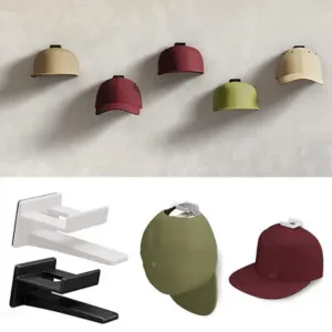 Minimalist hat wall with adhesive hooks