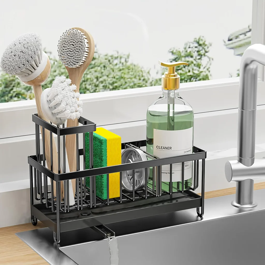 Over-the-sink shelf storing dish soap and sponges in compact kitchen