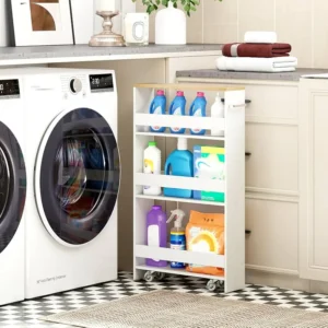 Slim rolling cart placed between washer and dryer in a tight laundry room