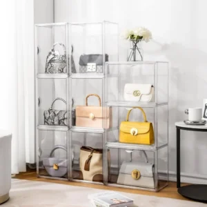 Stackable acrylic drawers neatly organizing structured handbags