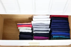 T-shirts folded vertically and color sorted in a drawer using file folding method