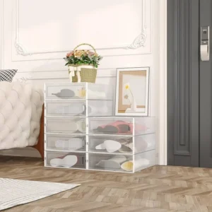 Tall boots stored inside labeled clear storage boxes for closet organization