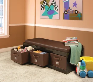 Toy bench with open fabric bins and soft padded seat