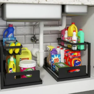 Under-sink sliding drawer organizing kitchen cleaning products
