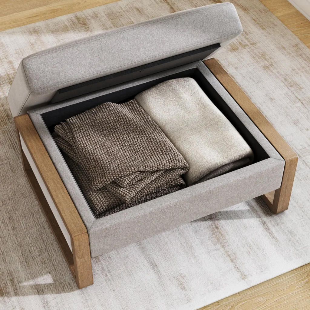 Upholstered ottoman opened to reveal hidden storage compartment