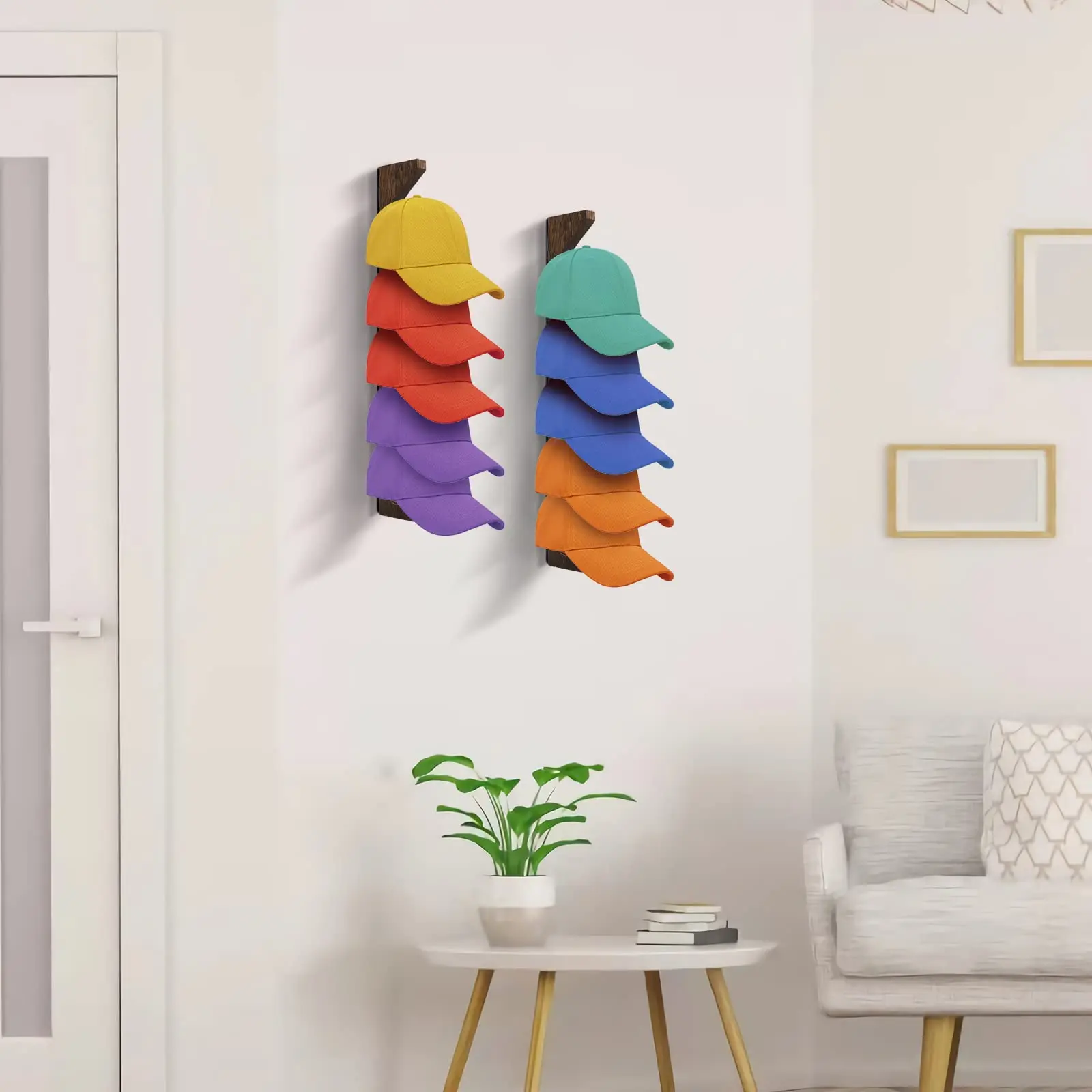 Vertical strap with clips displaying colorful baseball caps on a wall