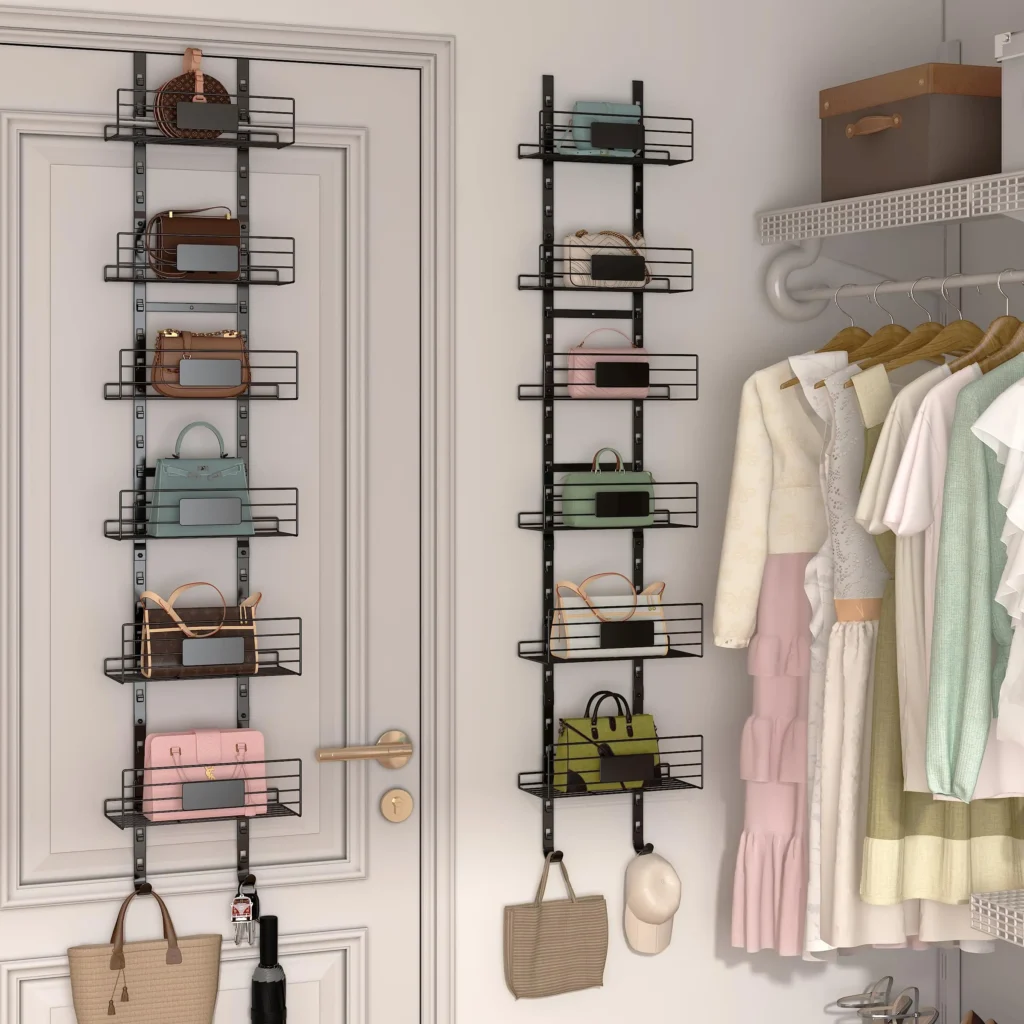 Wall-mounted hooks displaying handbags like a boutique wall