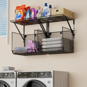 Wall-mounted storage rack and hanging organizers in a small laundry room