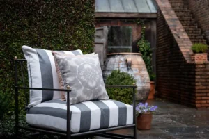 Acrylic fabric outdoor cushions on patio chairs