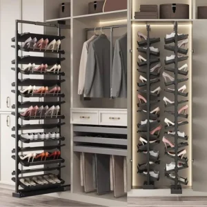 Adjustable shoe rack storing sneakers and heels in closet