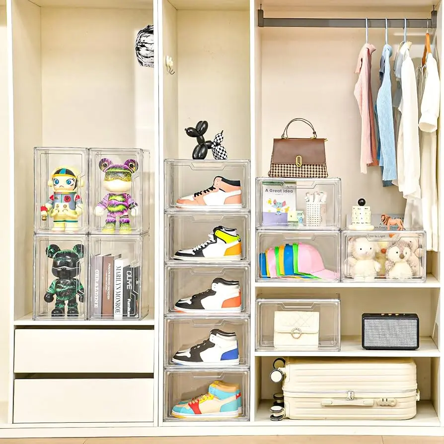 Clear labeled shoe boxes neatly stacked in organized closet