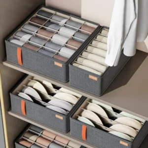 Fabric drawer dividers organizing underwear neatly in closet
