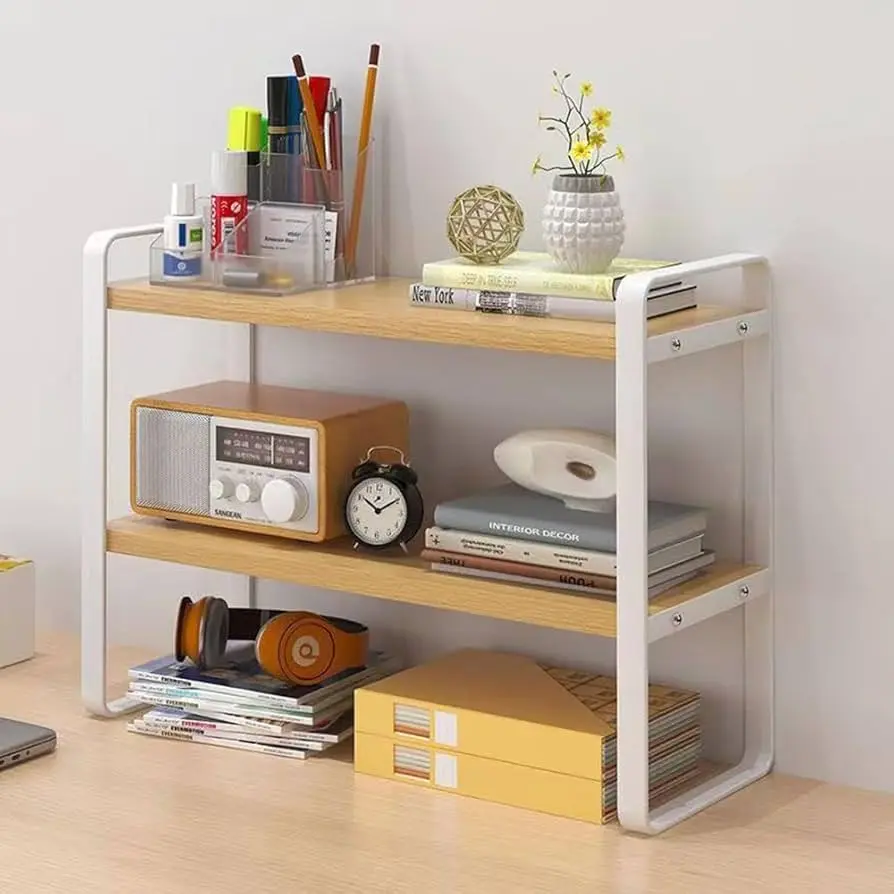 Minimalist wooden desktop storage rack organizing work essentials