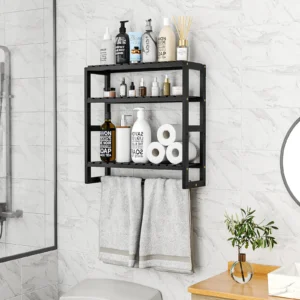 Over-the-toilet bathroom storage shelf with towel rack and toiletries