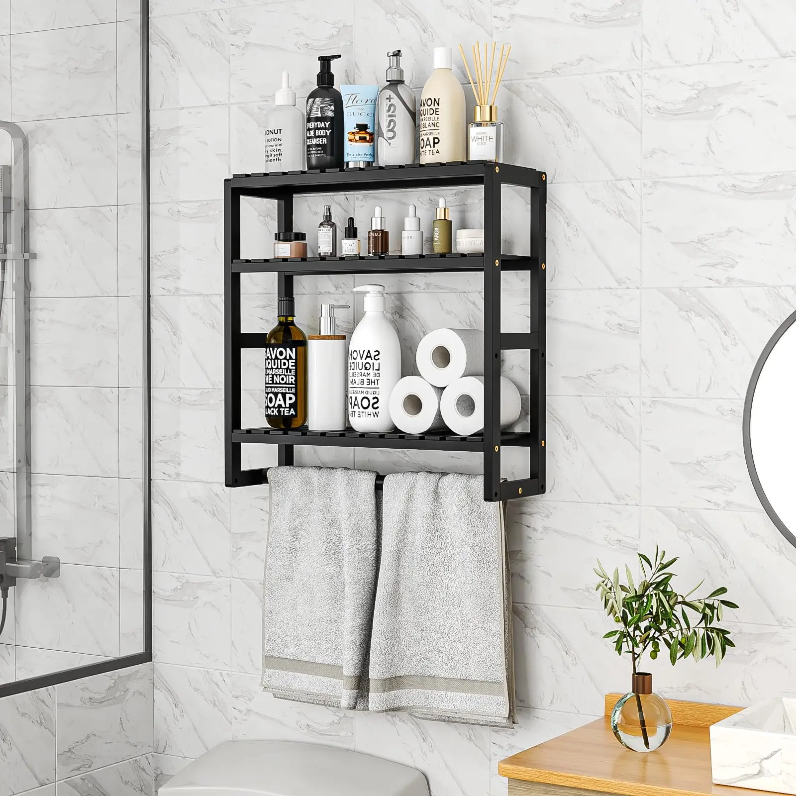 Over-the-toilet bathroom storage shelf with towel rack and toiletries