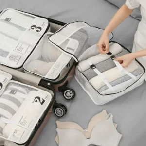 Polyester fabric travel organizers neatly packed inside a suitcase