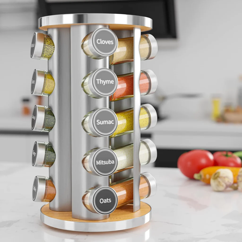Rotating kitchen spice rack with labeled jars on countertop