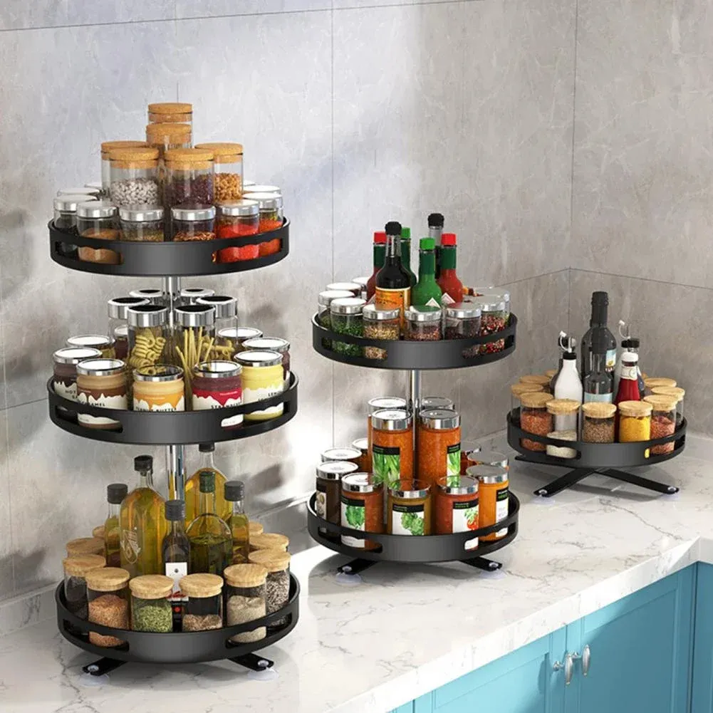 Rotating kitchen storage rack organizing condiments and utensils on countertop
