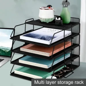 Tiered metal desktop storage rack holding books and office supplies