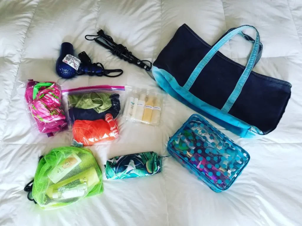 Travel-size toiletries organized in pouch for gym bag