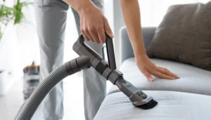Vacuuming a fabric sofa with upholstery attachment to remove dust and crumbs